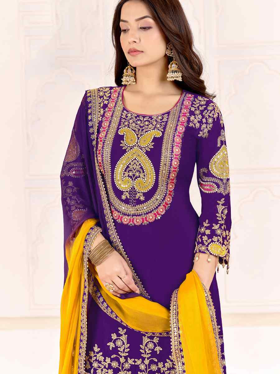 Purple Premium Chinnon Embroidery Party Wedding Festival Casual Ready Palazzo Pant Salwar Kameez