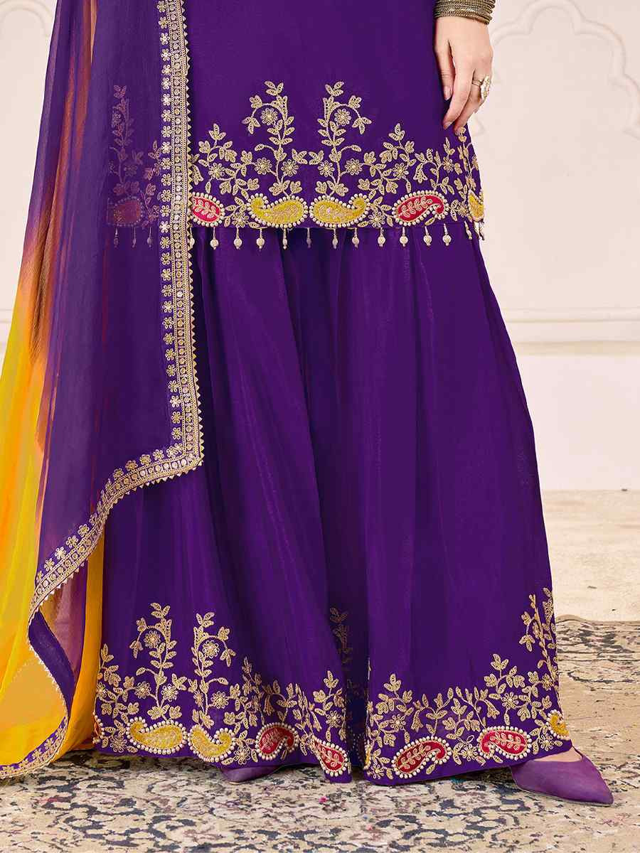 Purple Premium Chinnon Embroidery Party Wedding Festival Casual Ready Palazzo Pant Salwar Kameez