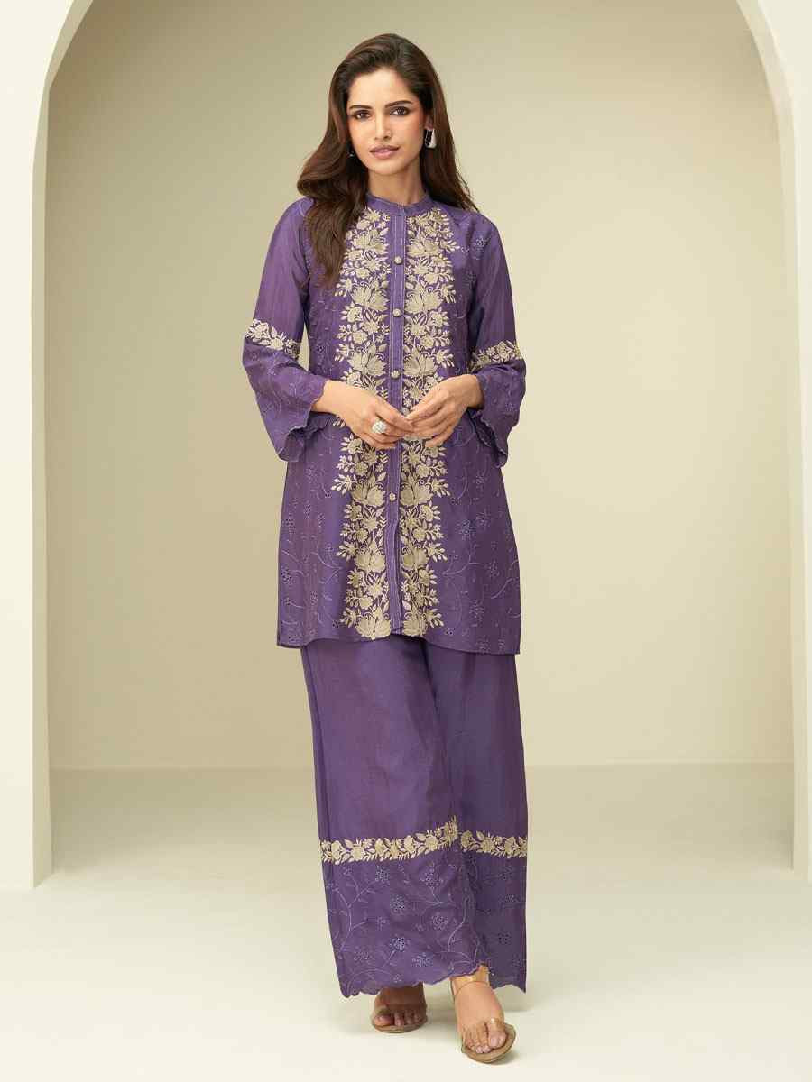 Purple Premium Chinon Silk Embroidered Festival Casual Kurti with Bottom