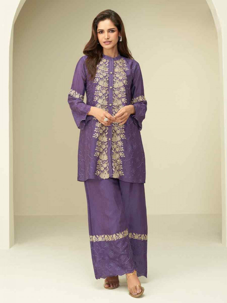 Image of Purple Premium Chinon Silk Embroidered Festival Casual Kurti with Bottom