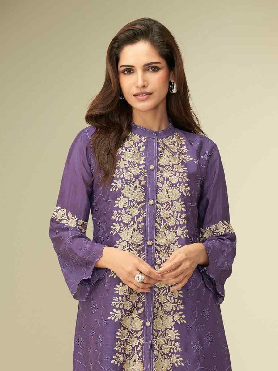 Purple Premium Chinon Silk Embroidered Festival Casual Kurti with Bottom
