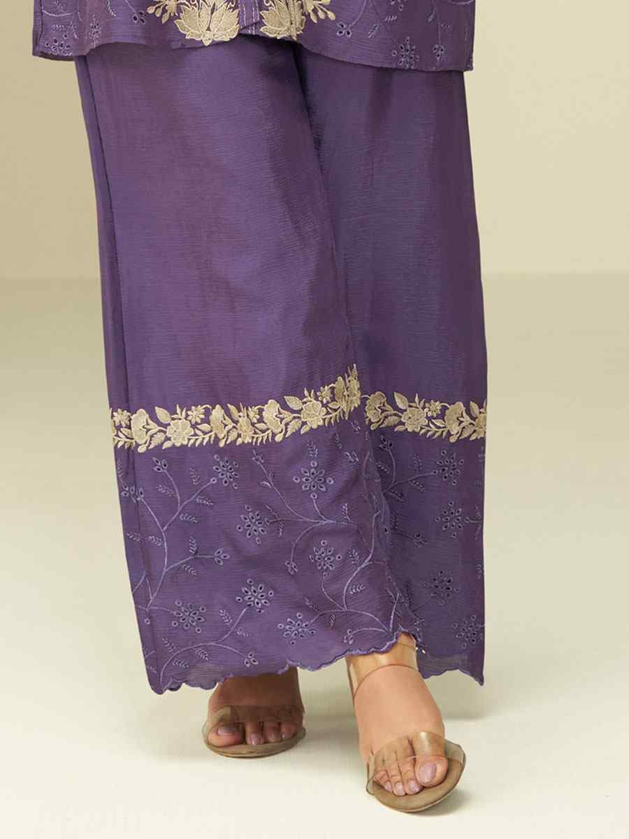 Purple Premium Chinon Silk Embroidered Festival Casual Kurti with Bottom
