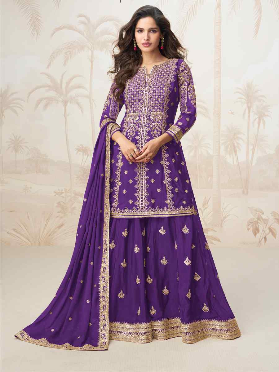 Purple Premium Chinon Silk Embroidered Festival Casual Ready Sharara Pant Salwar Kameez