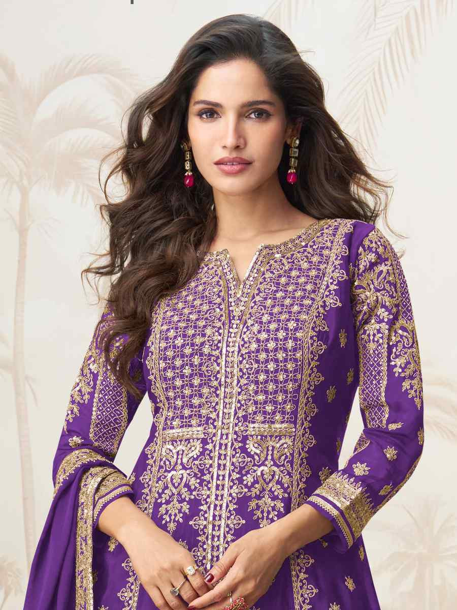 Purple Premium Chinon Silk Embroidered Festival Casual Ready Sharara Pant Salwar Kameez