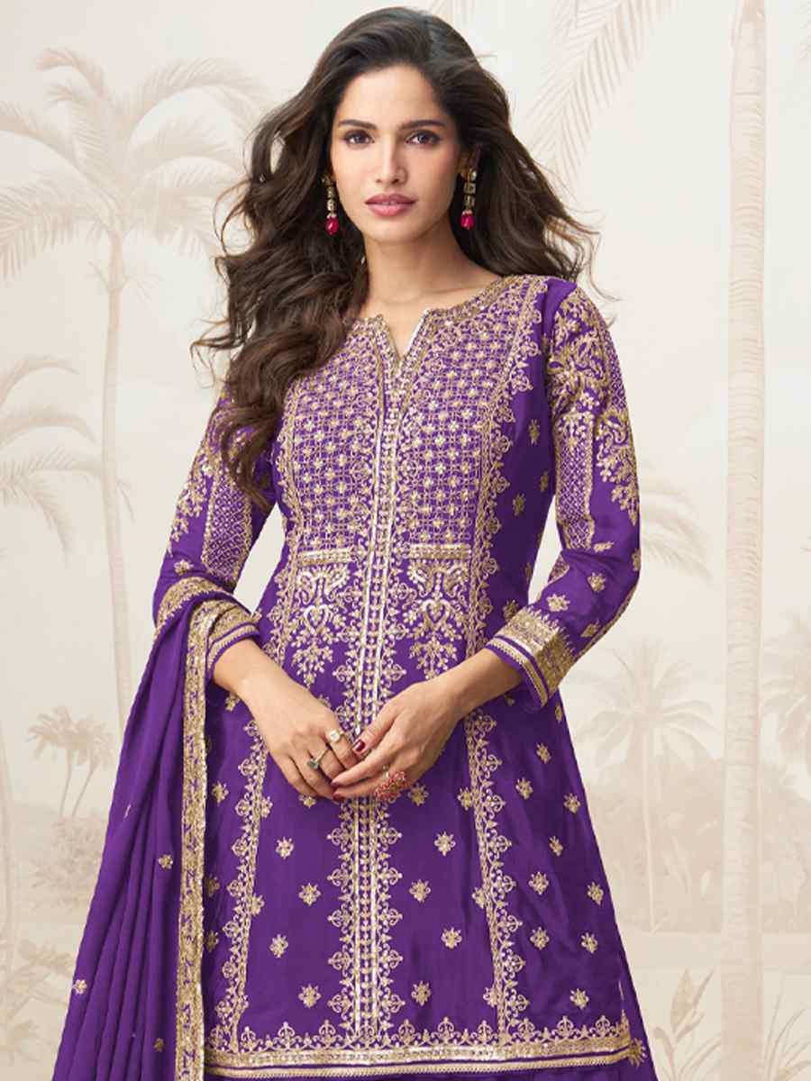 Purple Premium Chinon Silk Embroidered Festival Casual Ready Sharara Pant Salwar Kameez