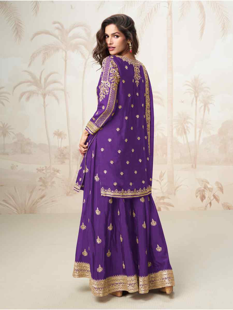 Purple Premium Chinon Silk Embroidered Festival Casual Ready Sharara Pant Salwar Kameez