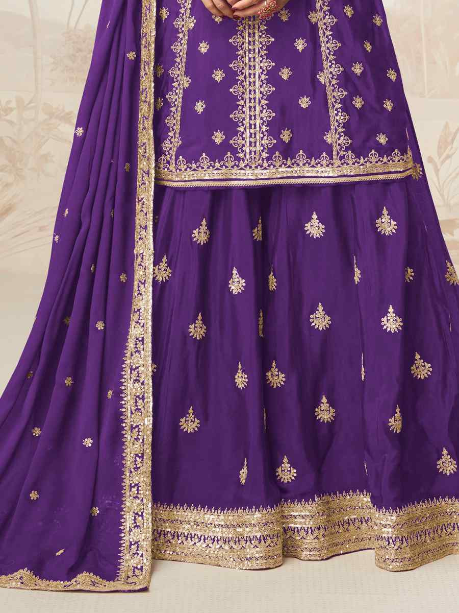 Purple Premium Chinon Silk Embroidered Festival Casual Ready Sharara Pant Salwar Kameez