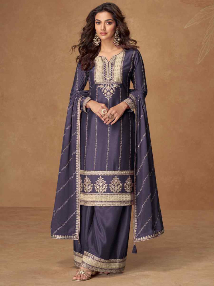 Purple Premium Chinon Silk Embroidered Festival Mehendi Ready Palazzo Salwar Kameez