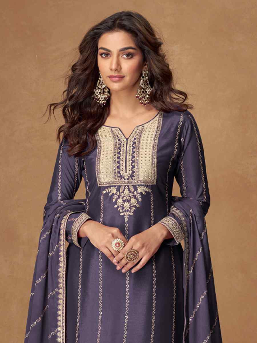 Purple Premium Chinon Silk Embroidered Festival Mehendi Ready Palazzo Salwar Kameez