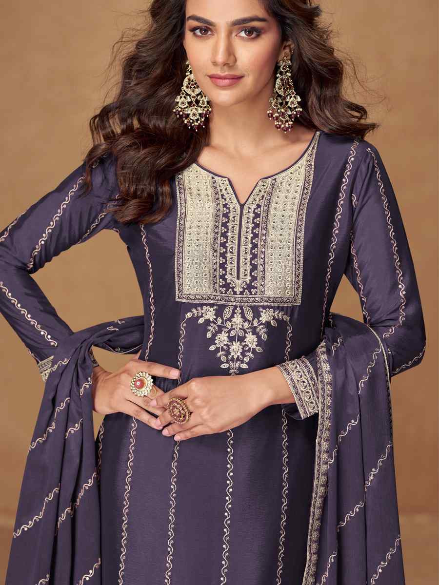 Purple Premium Chinon Silk Embroidered Festival Mehendi Ready Palazzo Salwar Kameez