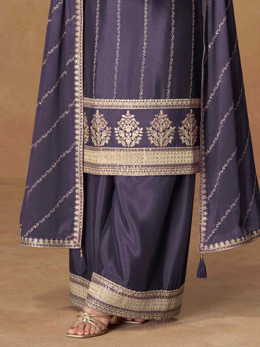 Purple Premium Chinon Silk Embroidered Festival Mehendi Ready Palazzo Salwar Kameez