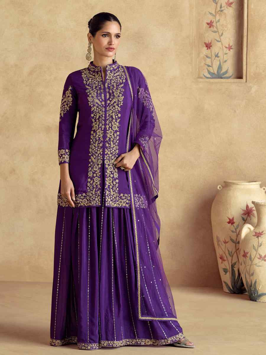 Purple Premium Chinon Silk Embroidered Festival Wedding Ready Palazzo Pant Salwar Kameez