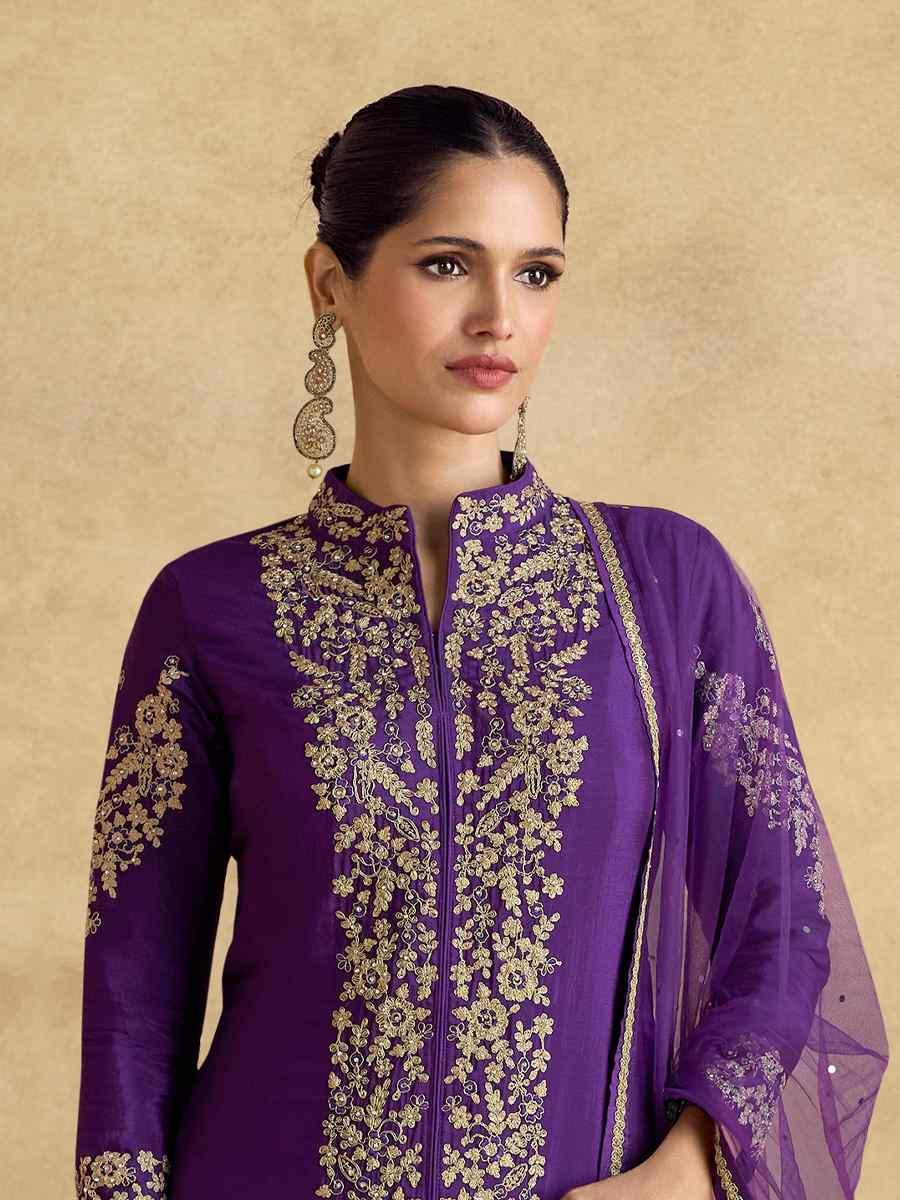 Purple Premium Chinon Silk Embroidered Festival Wedding Ready Palazzo Pant Salwar Kameez