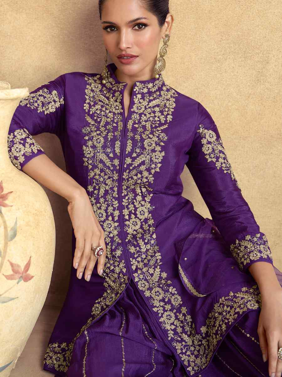 Purple Premium Chinon Silk Embroidered Festival Wedding Ready Palazzo Pant Salwar Kameez