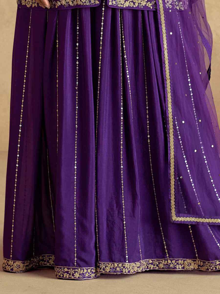 Purple Premium Chinon Silk Embroidered Festival Wedding Ready Palazzo Pant Salwar Kameez