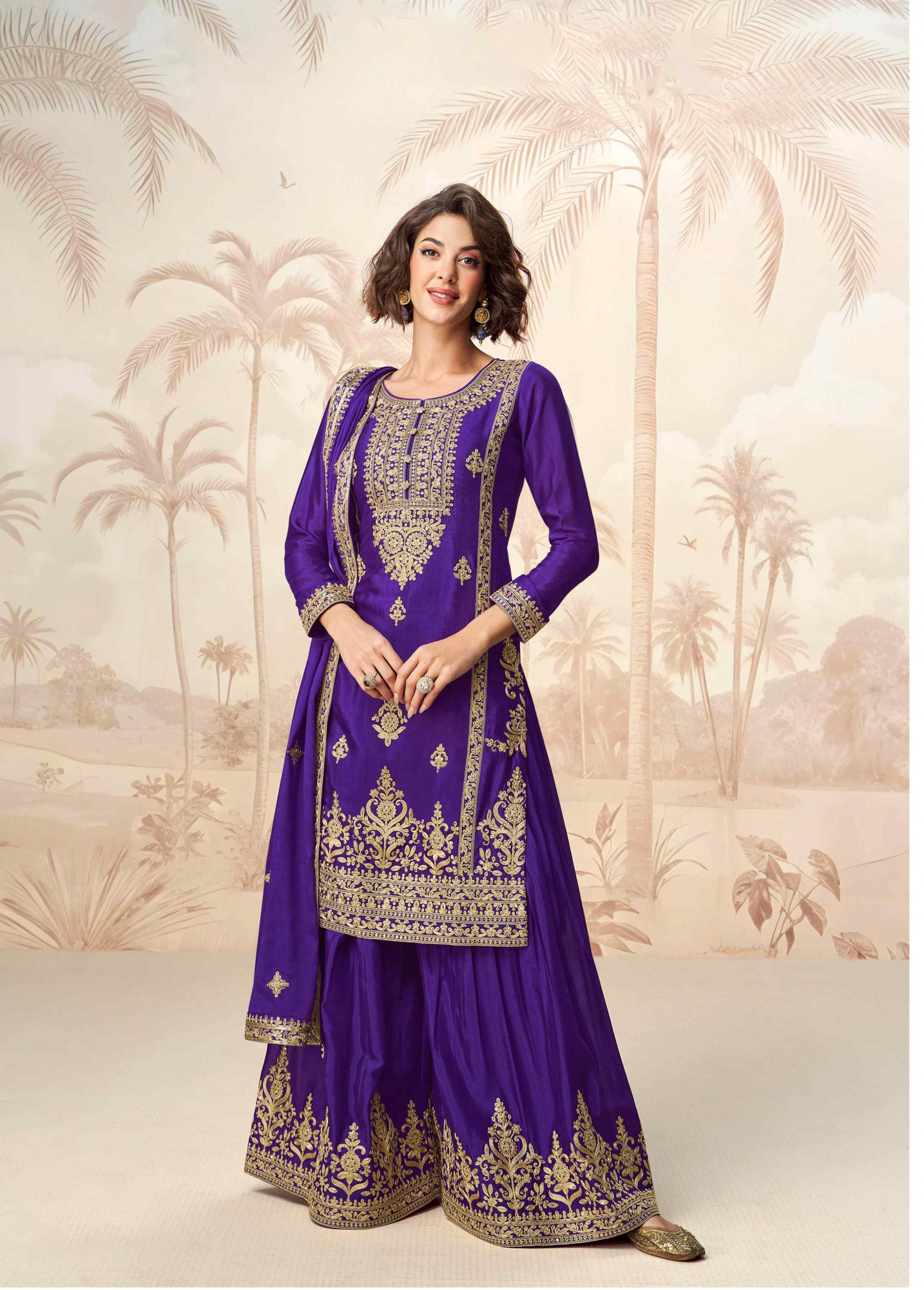 Purple Premium Chinon Silk Embroidered Party Wedding Ready Palazzo pant Salwar Kameez