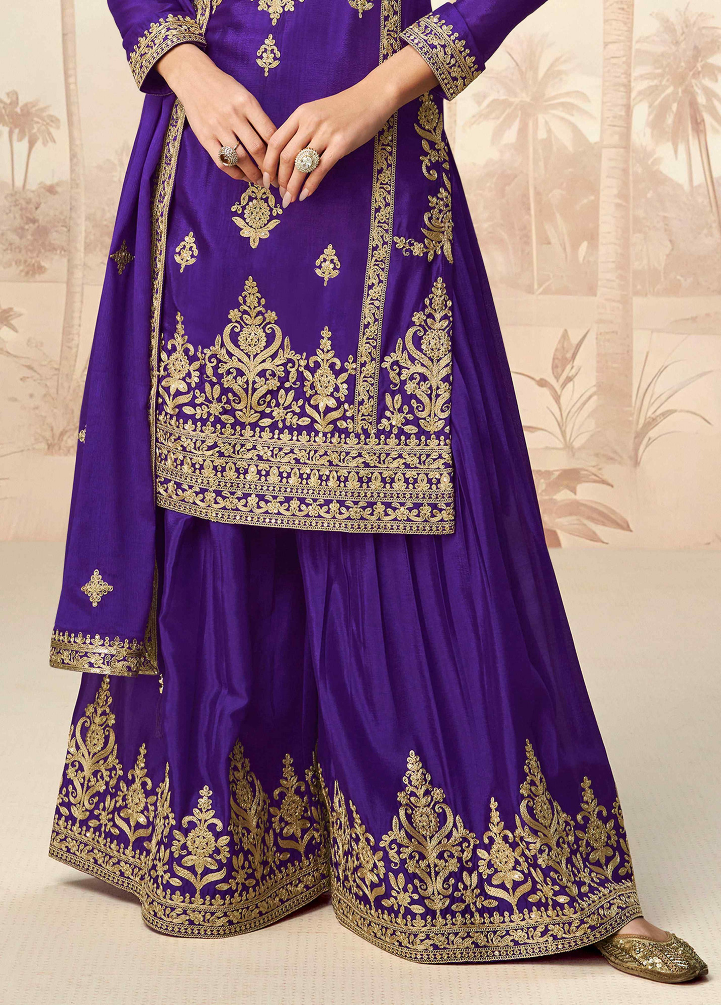 Purple Premium Chinon Silk Embroidered Party Wedding Ready Palazzo pant Salwar Kameez