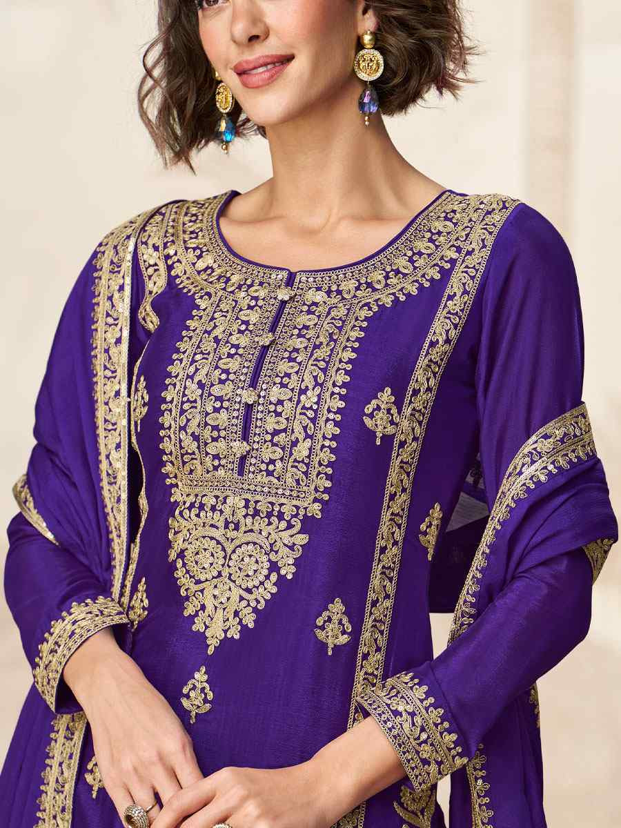 Purple Premium Chinon Silk Embroidered Party Wedding Ready Palazzo pant Salwar Kameez