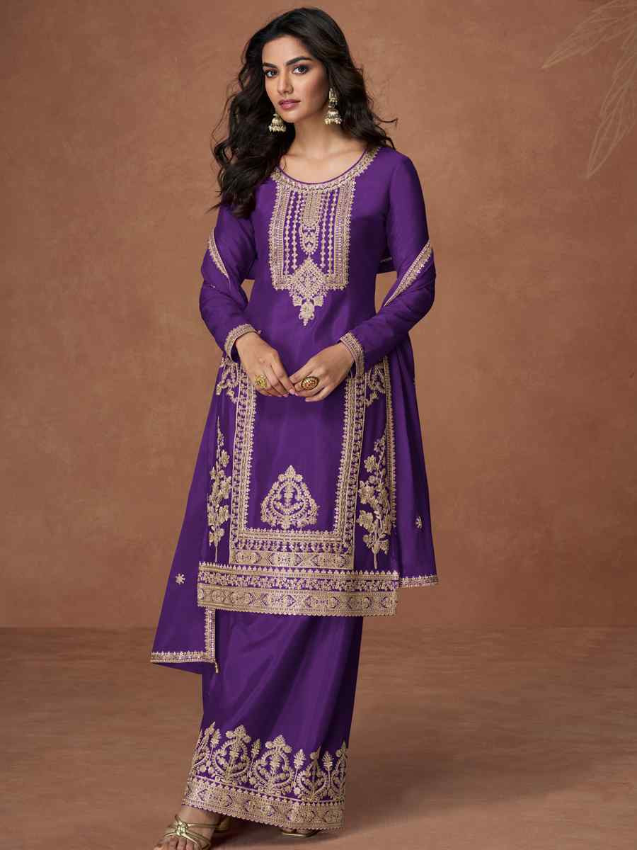 Purple Premium Chinon Silk Embroidery Party Wedding Festival Casual Ready Palazzo Pant Salwar Kameez