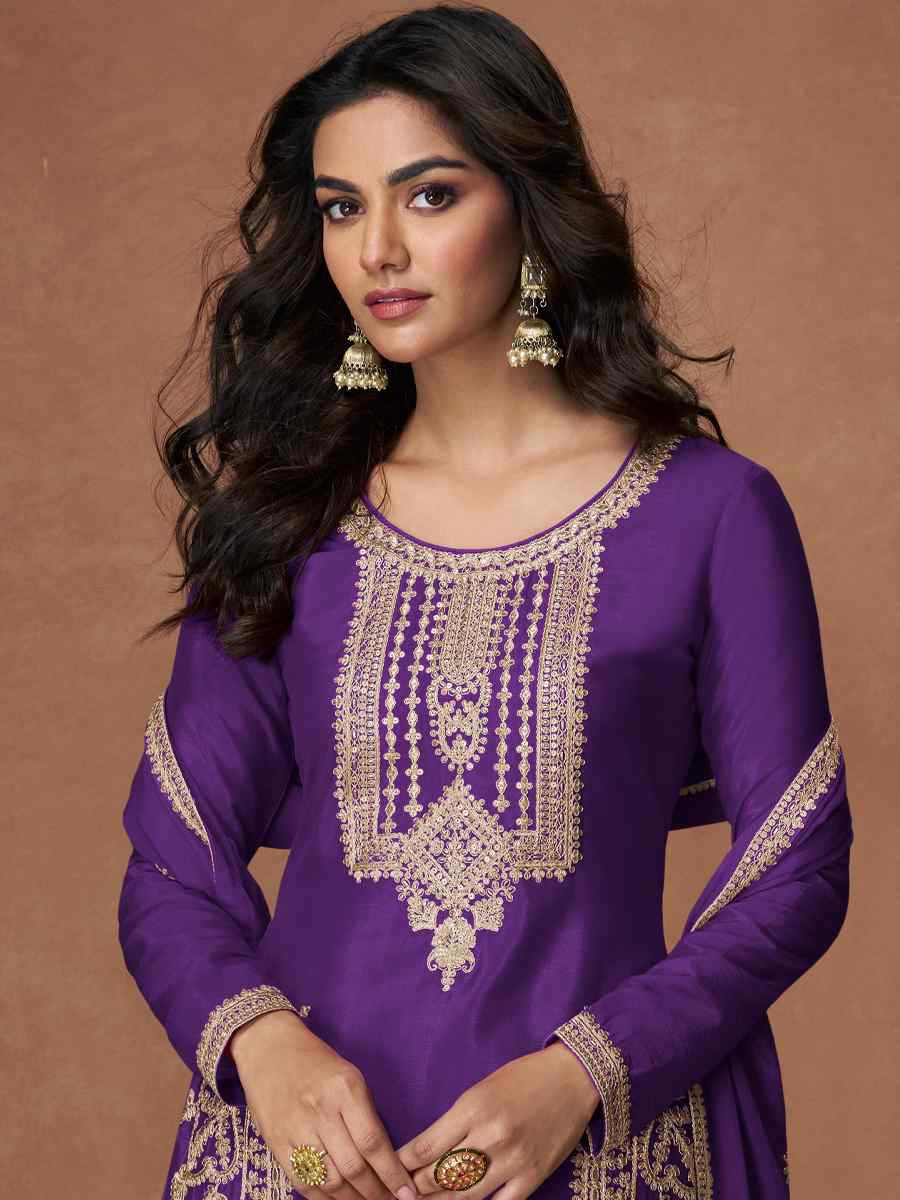 Purple Premium Chinon Silk Embroidery Party Wedding Festival Casual Ready Palazzo Pant Salwar Kameez