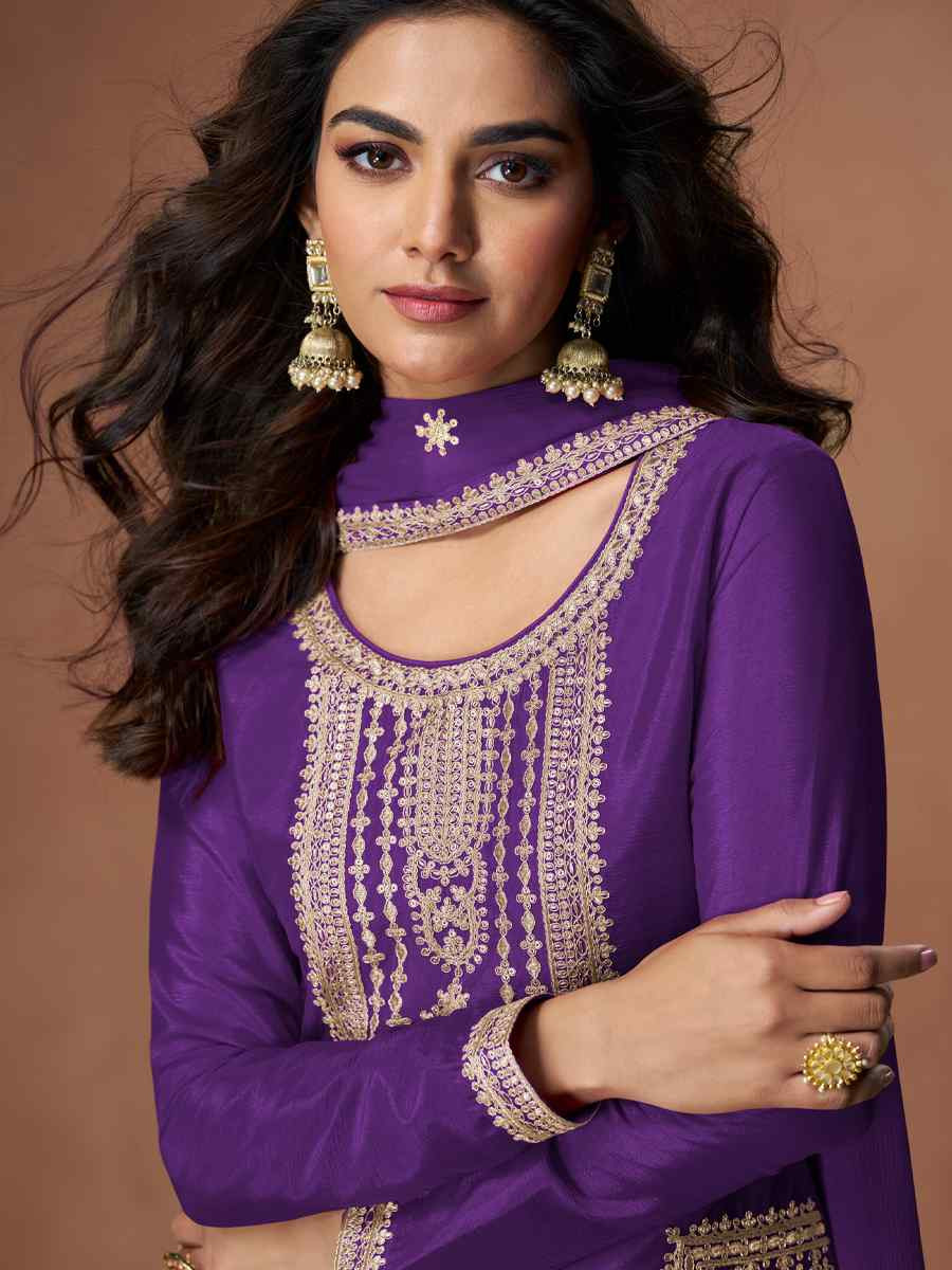 Purple Premium Chinon Silk Embroidery Party Wedding Festival Casual Ready Palazzo Pant Salwar Kameez