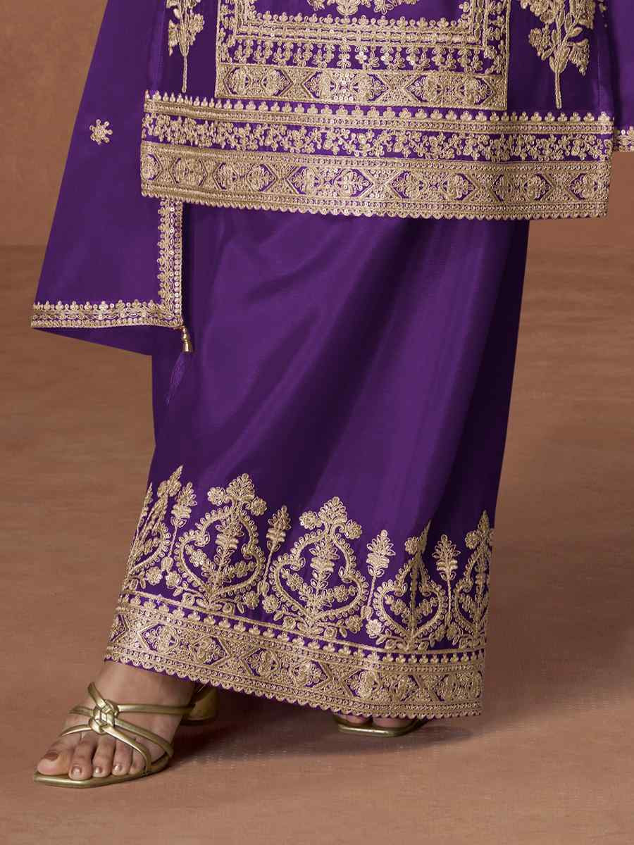 Purple Premium Chinon Silk Embroidery Party Wedding Festival Casual Ready Palazzo Pant Salwar Kameez