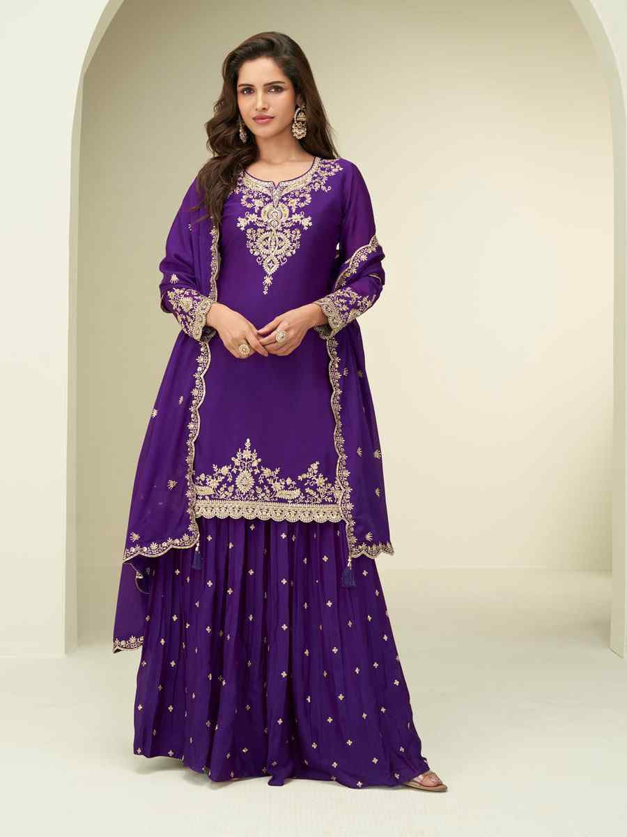 Purple Premium Chinon Silk Embroidery Party Wedding Festival Casual Ready Palazzo Pant Salwar Kameez