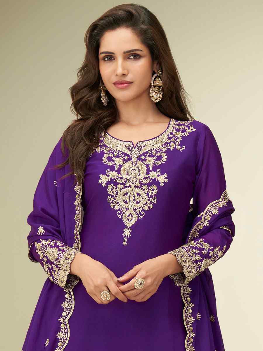 Purple Premium Chinon Silk Embroidery Party Wedding Festival Casual Ready Palazzo Pant Salwar Kameez