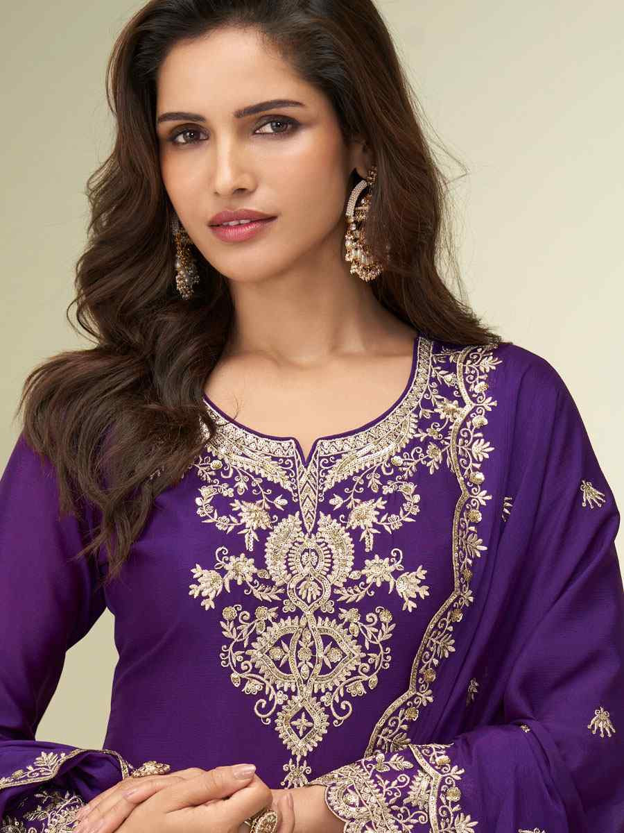 Purple Premium Chinon Silk Embroidery Party Wedding Festival Casual Ready Palazzo Pant Salwar Kameez