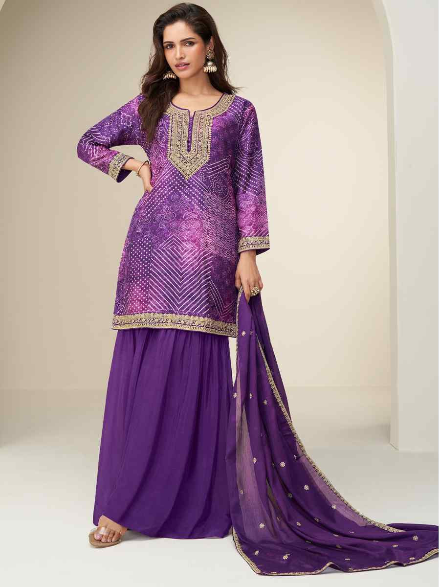 Purple Premium Chinon Silk Embroidery Party Wedding Festival Casual Ready Sharara Pant Salwar Kameez