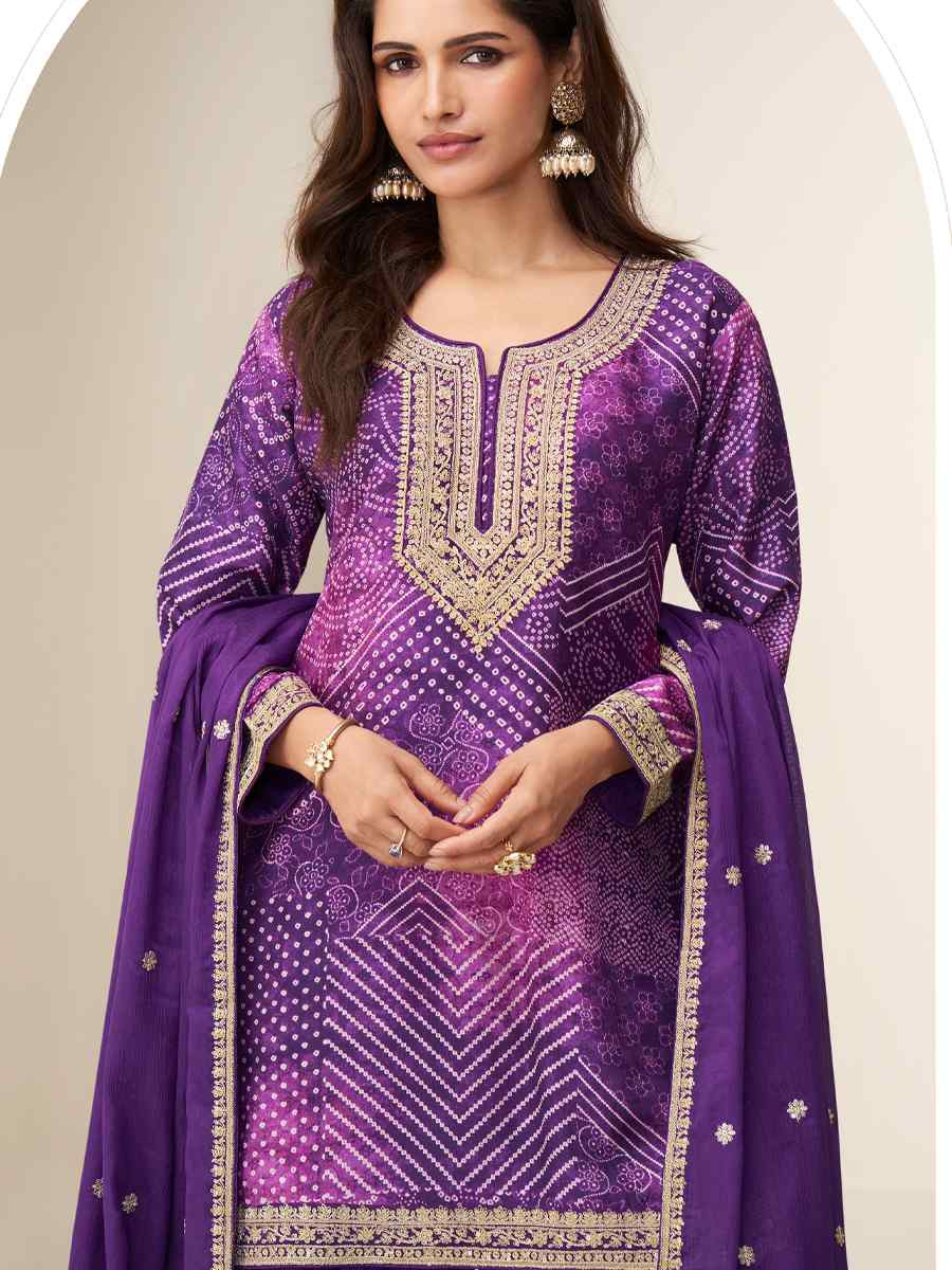 Purple Premium Chinon Silk Embroidery Party Wedding Festival Casual Ready Sharara Pant Salwar Kameez