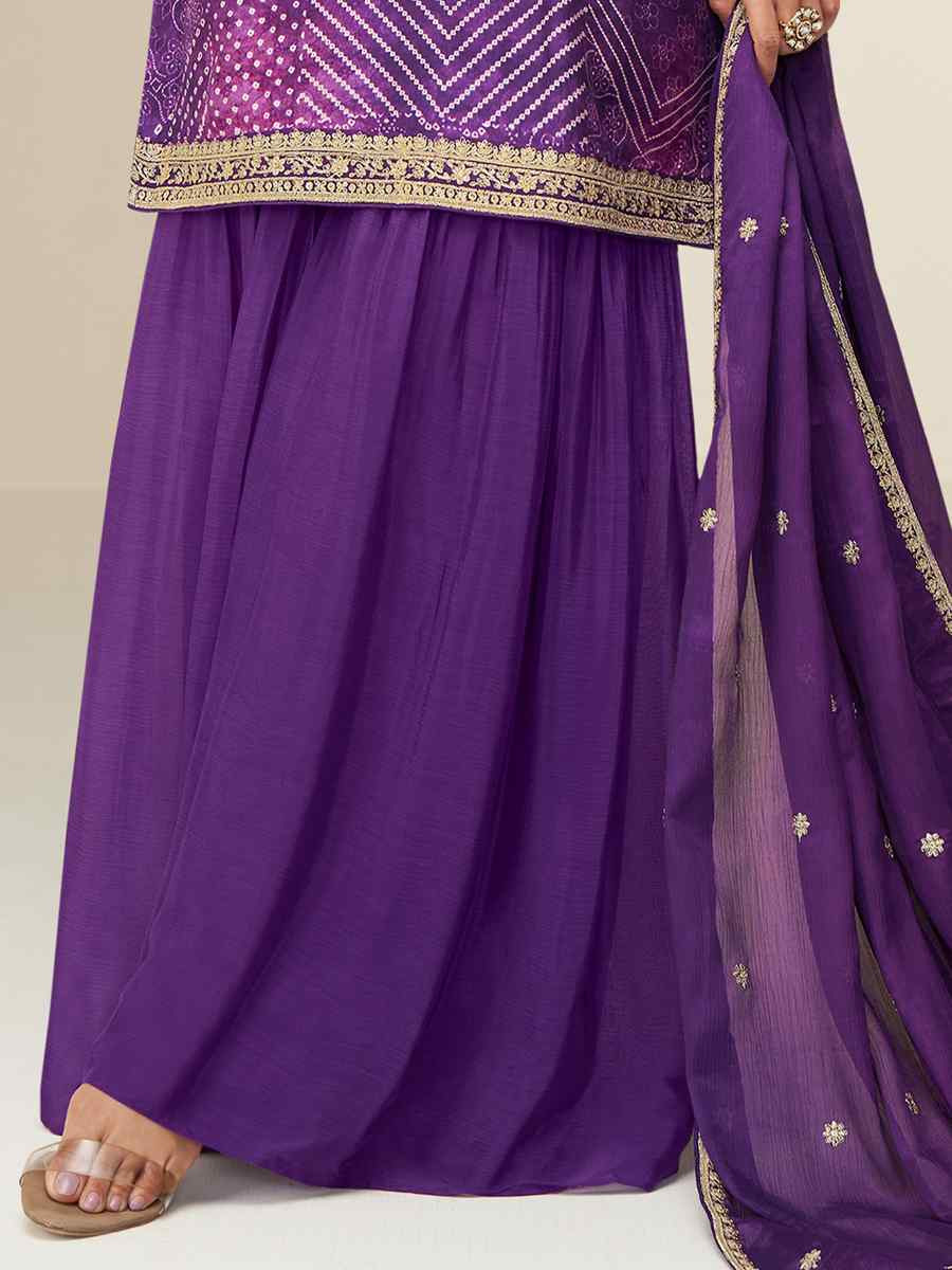 Purple Premium Chinon Silk Embroidery Party Wedding Festival Casual Ready Sharara Pant Salwar Kameez