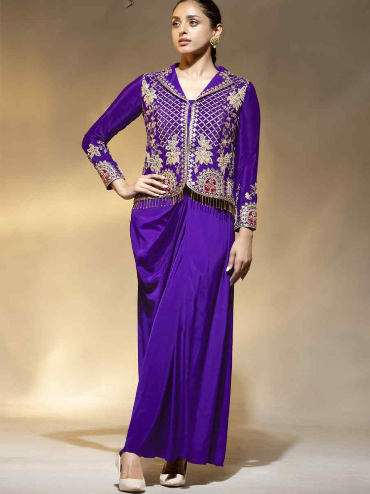 Image of Purple Premium Crepe Embroidered Festival Wedding Party Kurti Bottom Women Wear