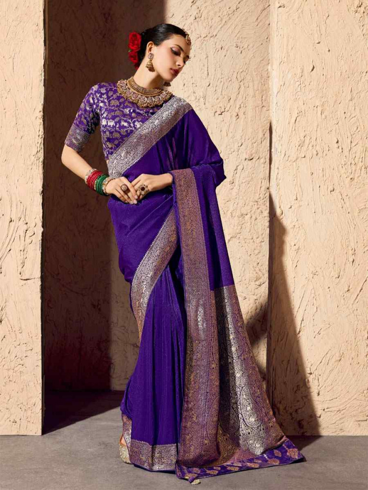 Image of Purple Premium Crepe Georgette Handwoven Traditional Bridal Reception Festival Wedding Fancy Heavy Border Saree