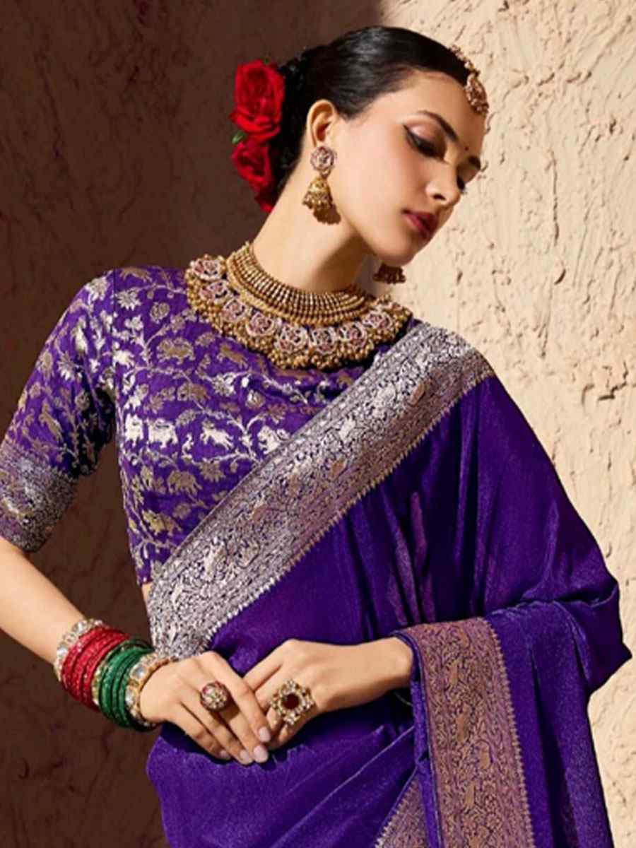 Purple Premium Crepe Georgette Handwoven Traditional Bridal Reception Festival Wedding Fancy Heavy Border Saree