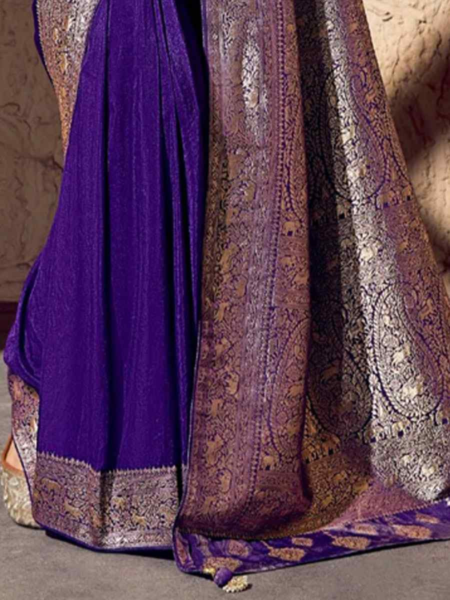 Purple Premium Crepe Georgette Handwoven Traditional Bridal Reception Festival Wedding Fancy Heavy Border Saree