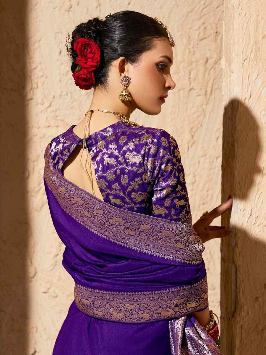 Purple Premium Crepe Georgette Handwoven Traditional Bridal Reception Festival Wedding Fancy Heavy Border Saree