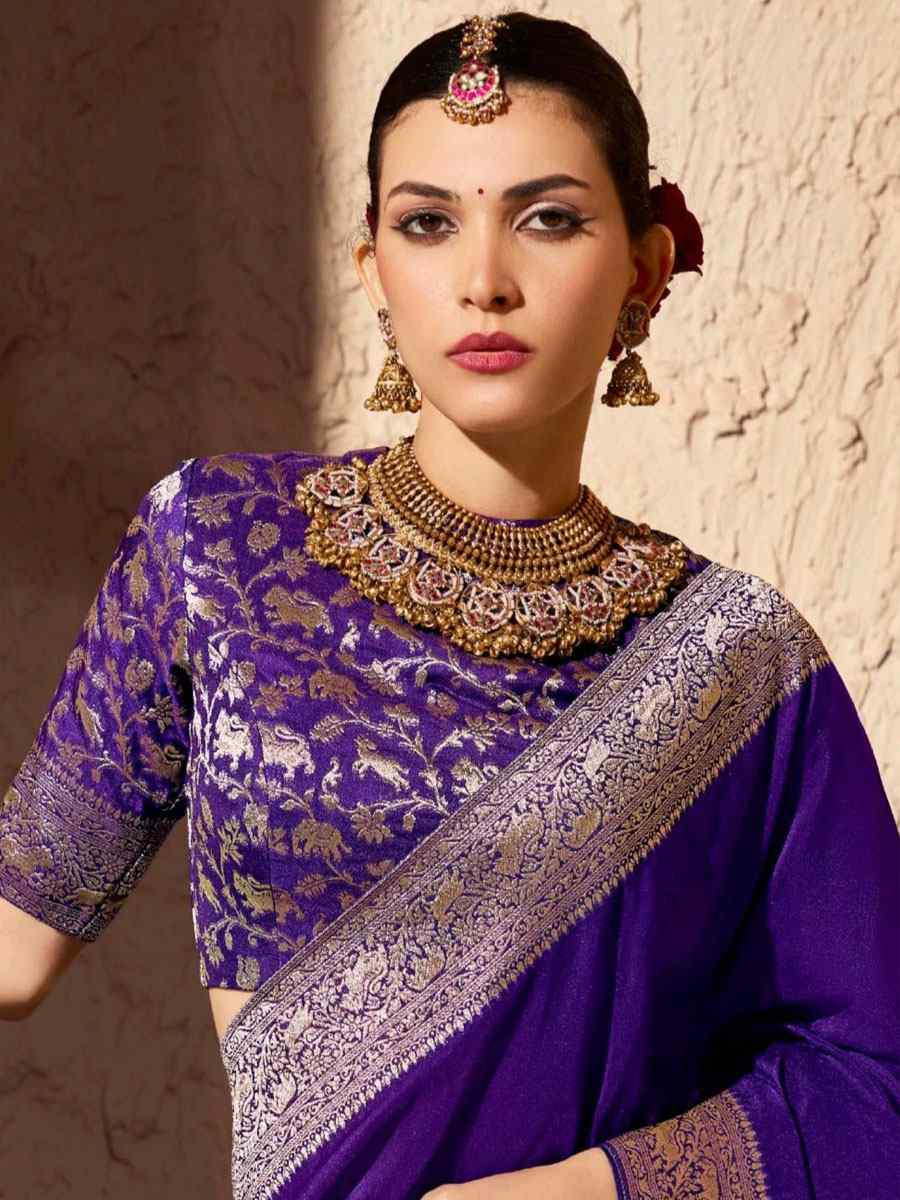 Purple Premium Crepe Georgette Handwoven Traditional Bridal Reception Festival Wedding Fancy Heavy Border Saree