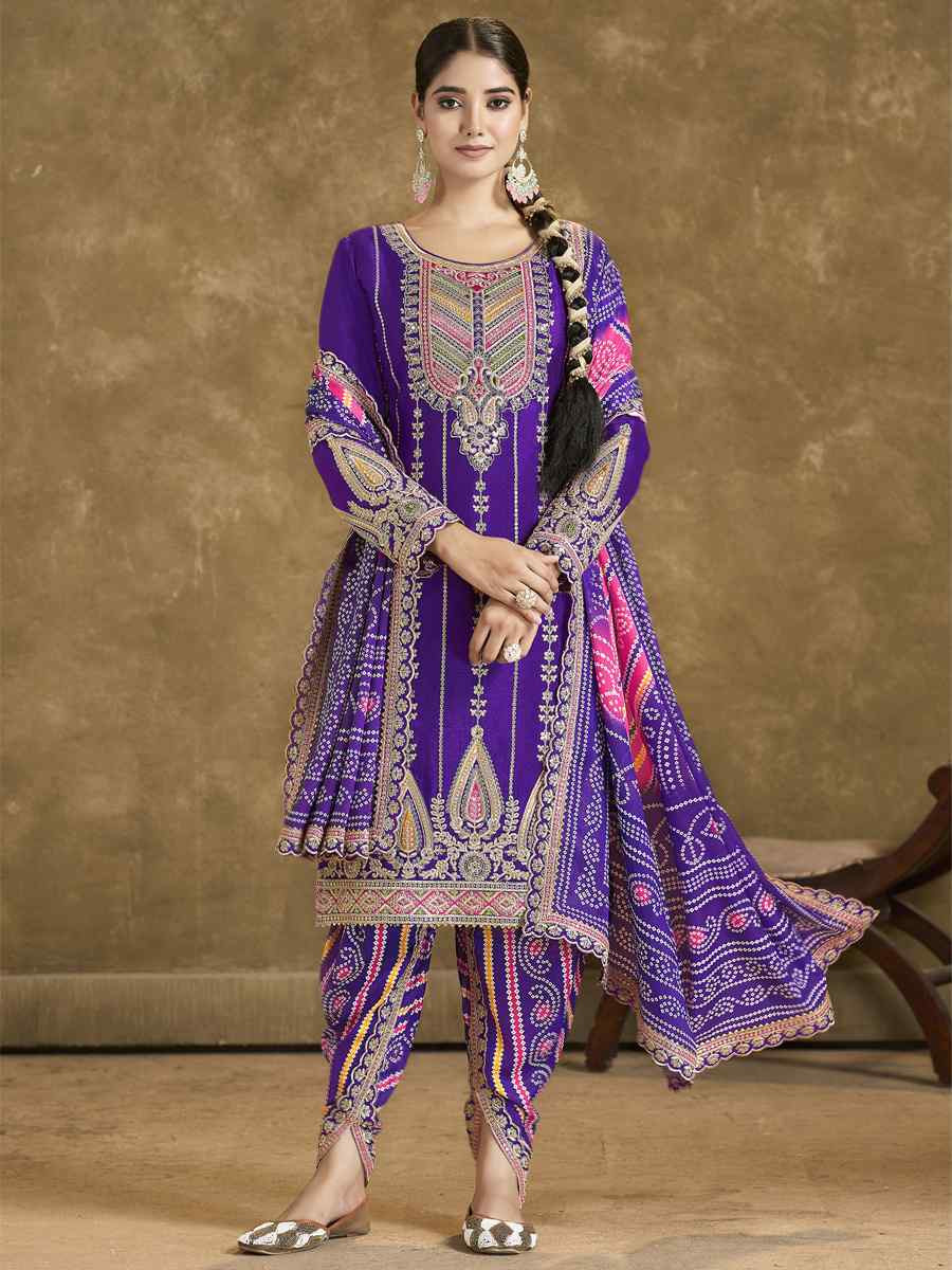 Purple Premium Fiber Chinnon Embroidery Party Wedding Festival Casual Ready Cape Style Salwar Kameez
