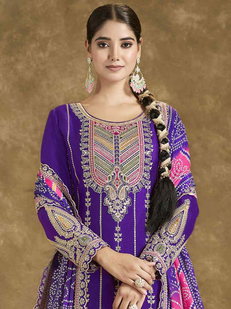 Purple Premium Fiber Chinnon Embroidery Party Wedding Festival Casual Ready Cape Style Salwar Kameez