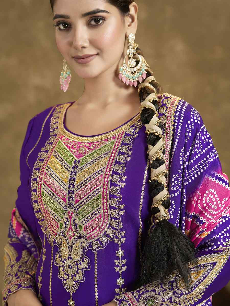 Purple Premium Fiber Chinnon Embroidery Party Wedding Festival Casual Ready Cape Style Salwar Kameez