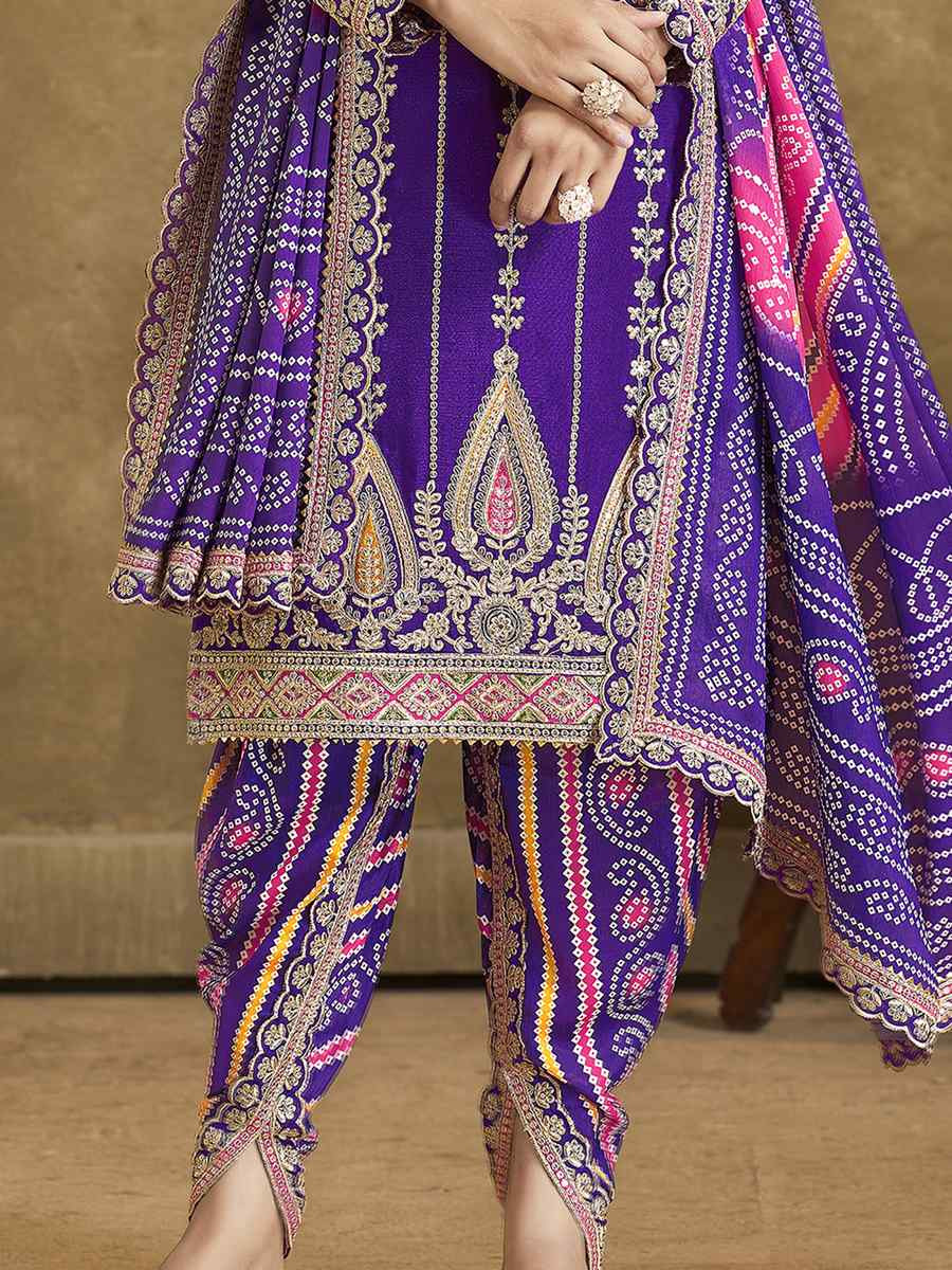 Purple Premium Fiber Chinnon Embroidery Party Wedding Festival Casual Ready Cape Style Salwar Kameez