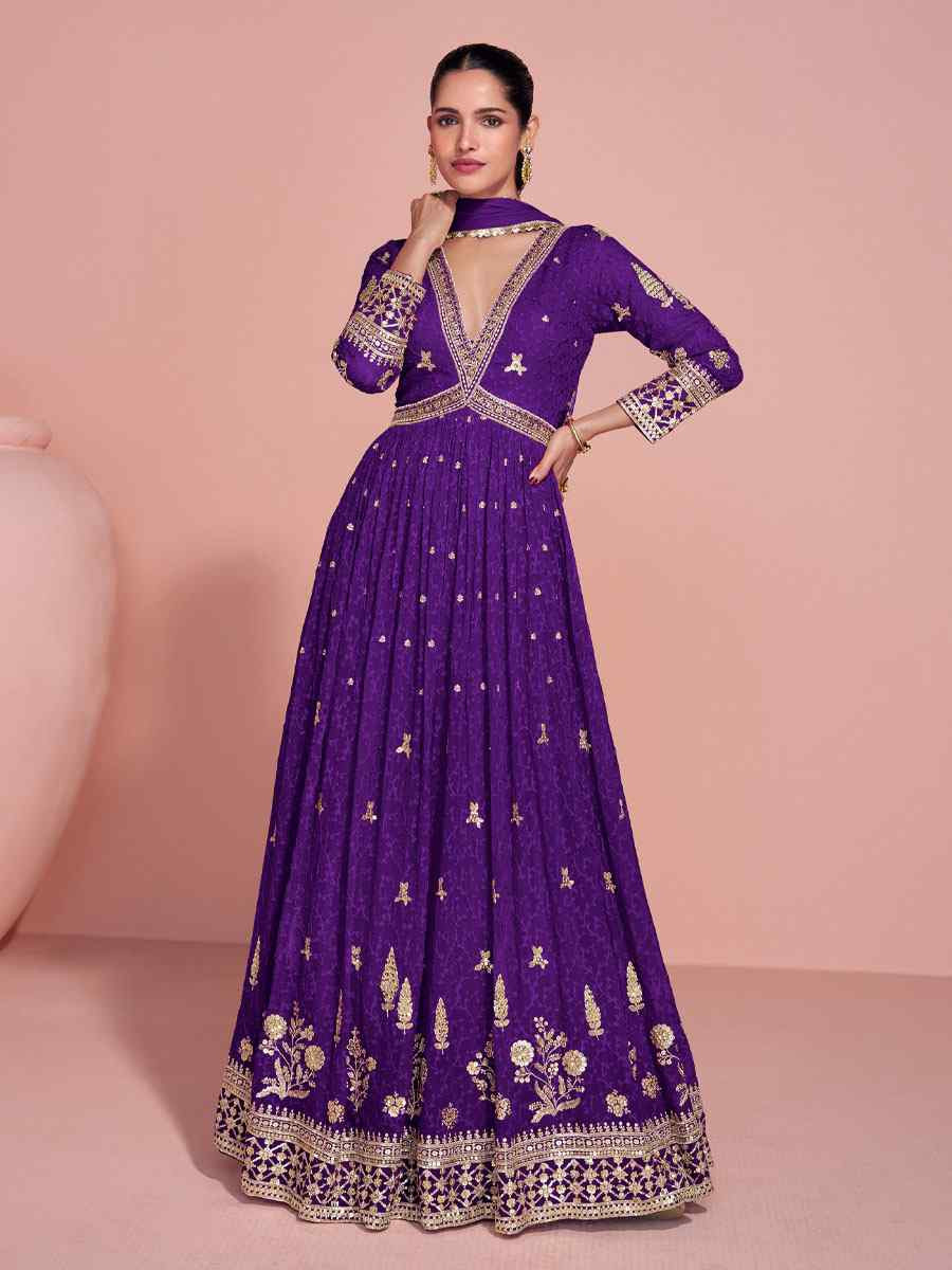 Purple Premium Georgette Embroidered Festival Casual Wedding Gown Women Wear