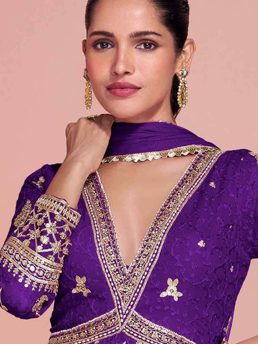 Purple Premium Georgette Embroidered Festival Casual Wedding Gown Women Wear
