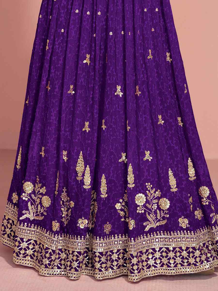 Purple Premium Georgette Embroidered Festival Casual Wedding Gown Women Wear