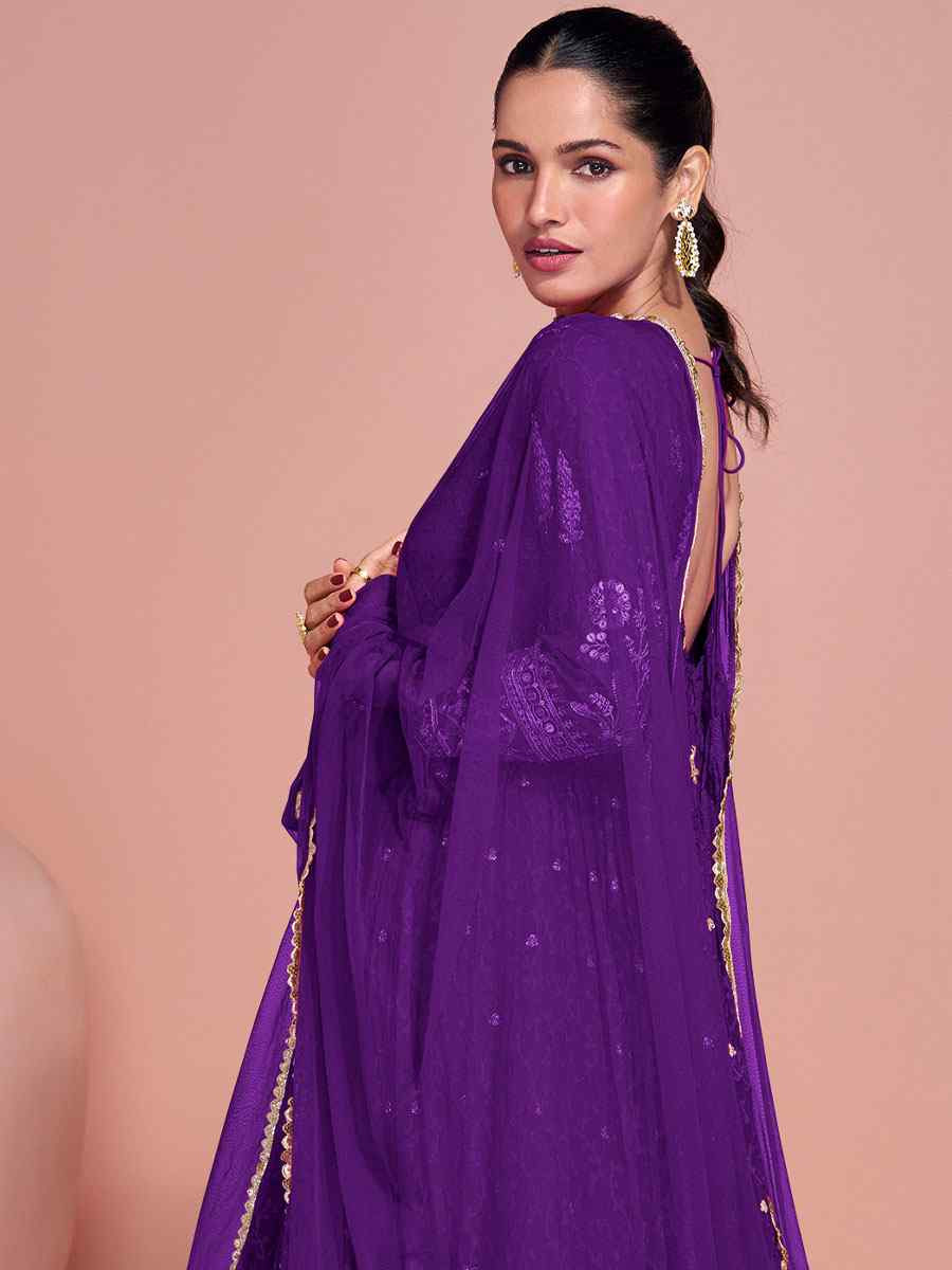 Purple Premium Georgette Embroidered Festival Casual Wedding Gown Women Wear