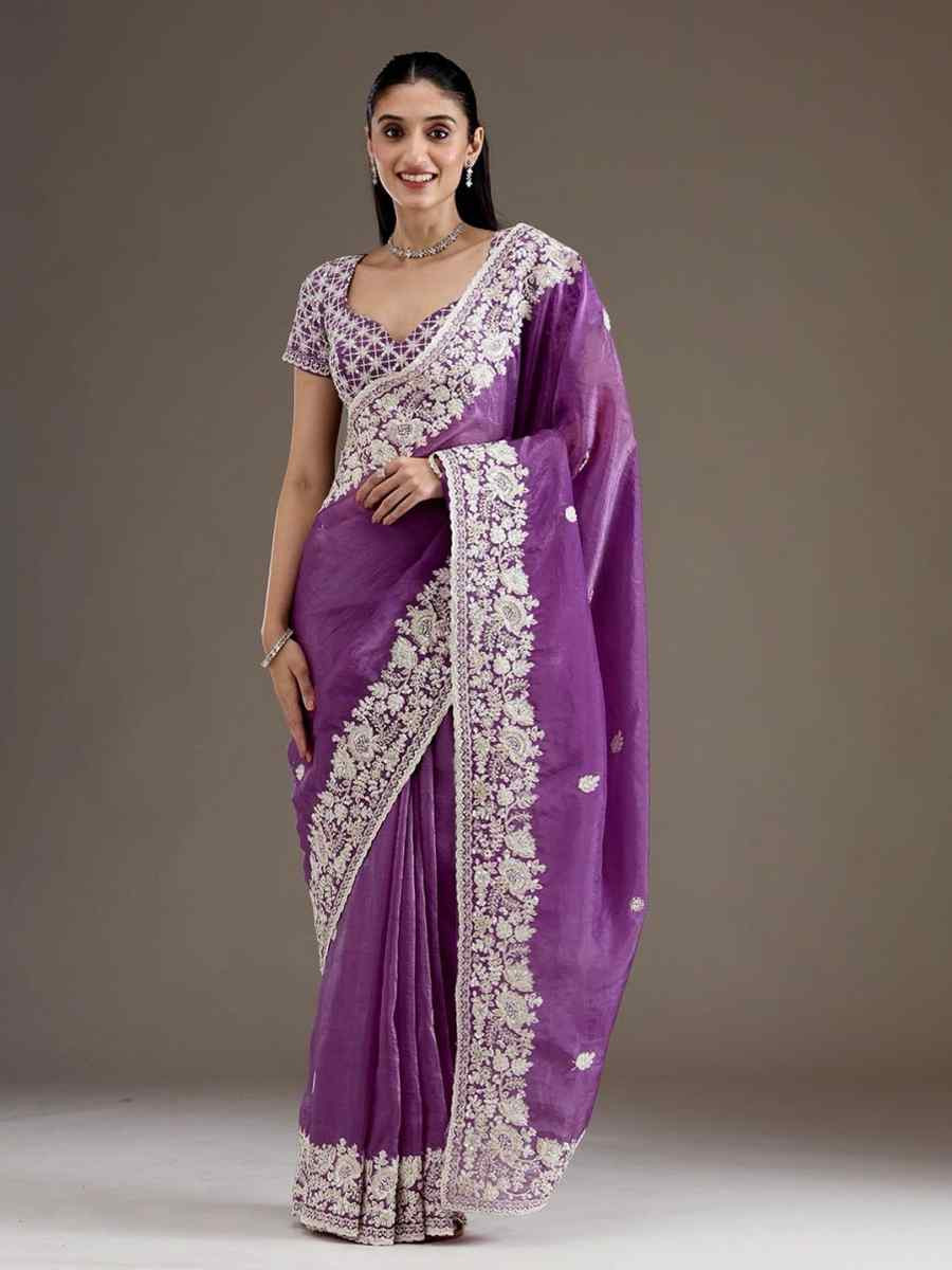 Purple Premium Gold Crush Embroidered Festival Wedding Fancy Heavy Border Saree
