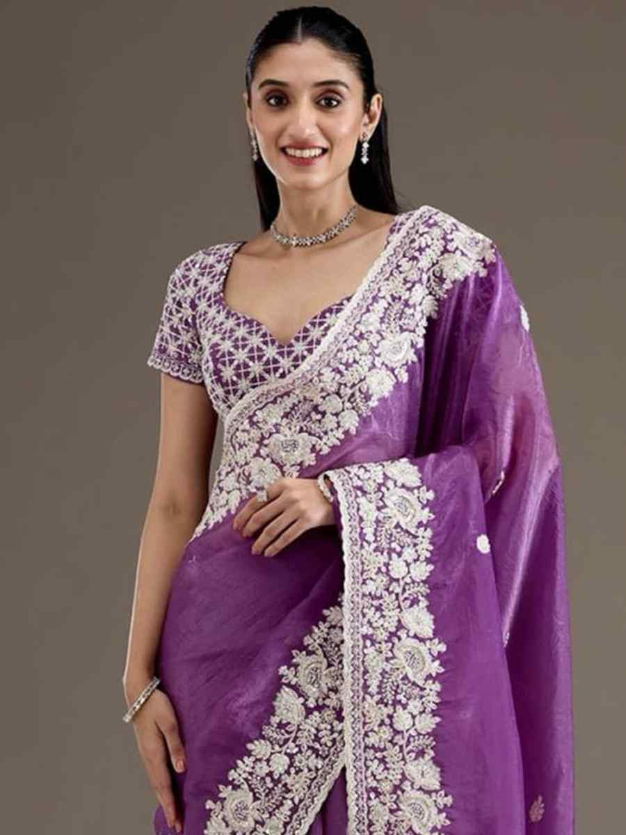 Purple Premium Gold Crush Embroidered Festival Wedding Fancy Heavy Border Saree