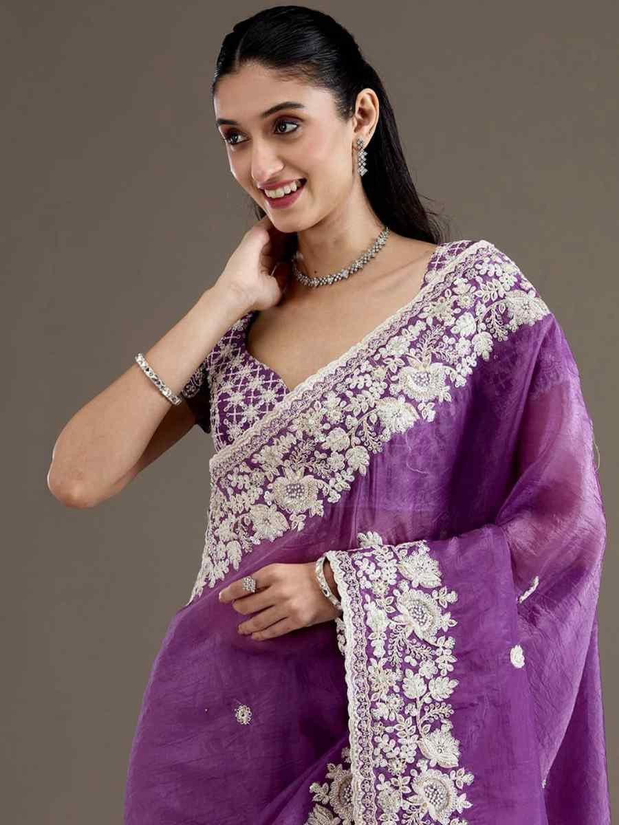 Purple Premium Gold Crush Embroidered Festival Wedding Fancy Heavy Border Saree