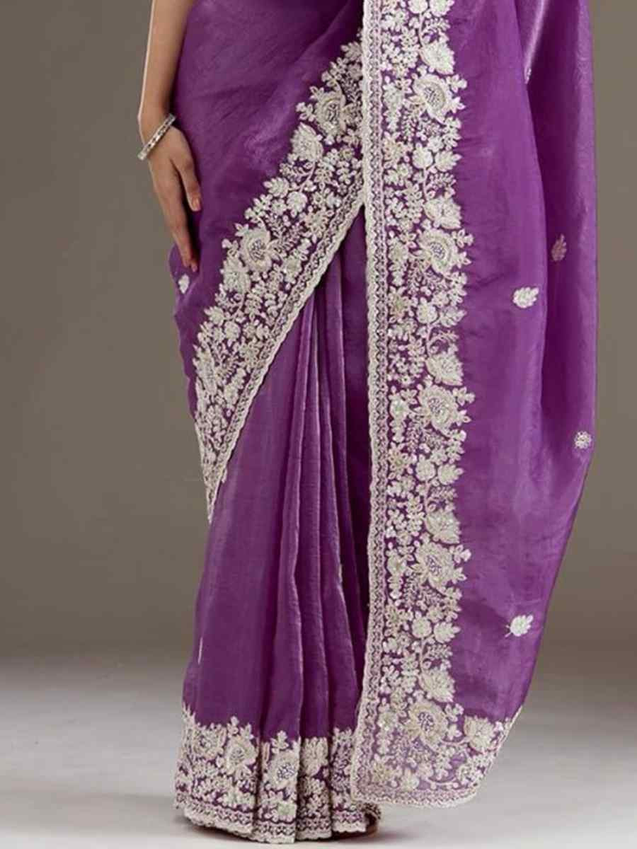 Purple Premium Gold Crush Embroidered Festival Wedding Fancy Heavy Border Saree
